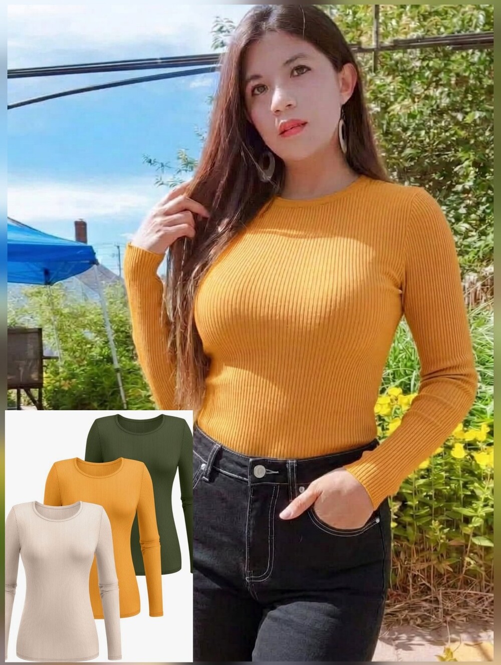 3pcs Ribbed Long-Sleeve Knit Tops Set - Fall Winter Casual Clothes